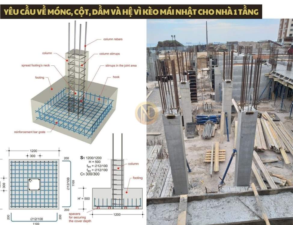 Yêu cầu về móng, cột, dầm và hệ vì kèo mái Nhật cho nhà 1 tầng