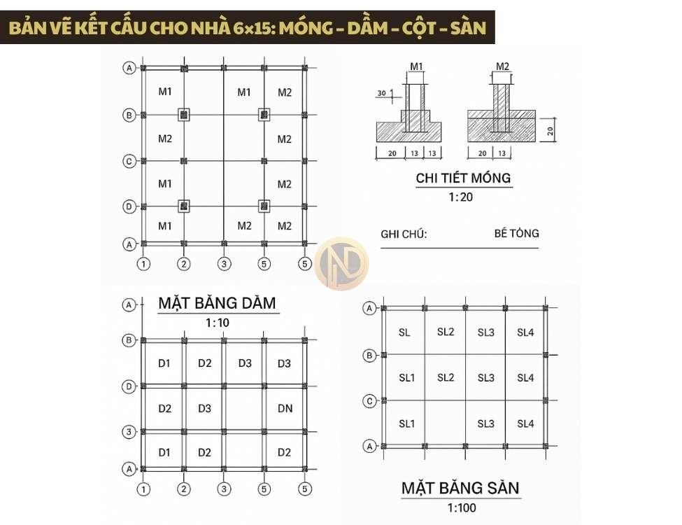 Bản vẽ kết cấu cho nhà 6×15: móng – dầm – cột – sàn
