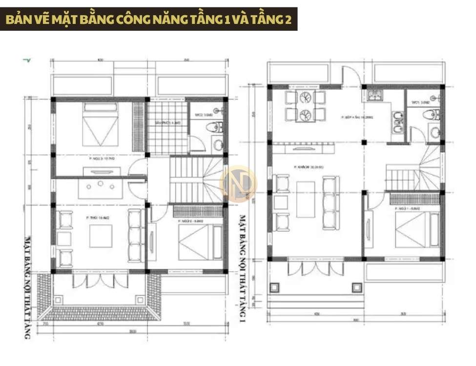 Bản vẽ mặt bằng công năng tầng 1 và tầng 2