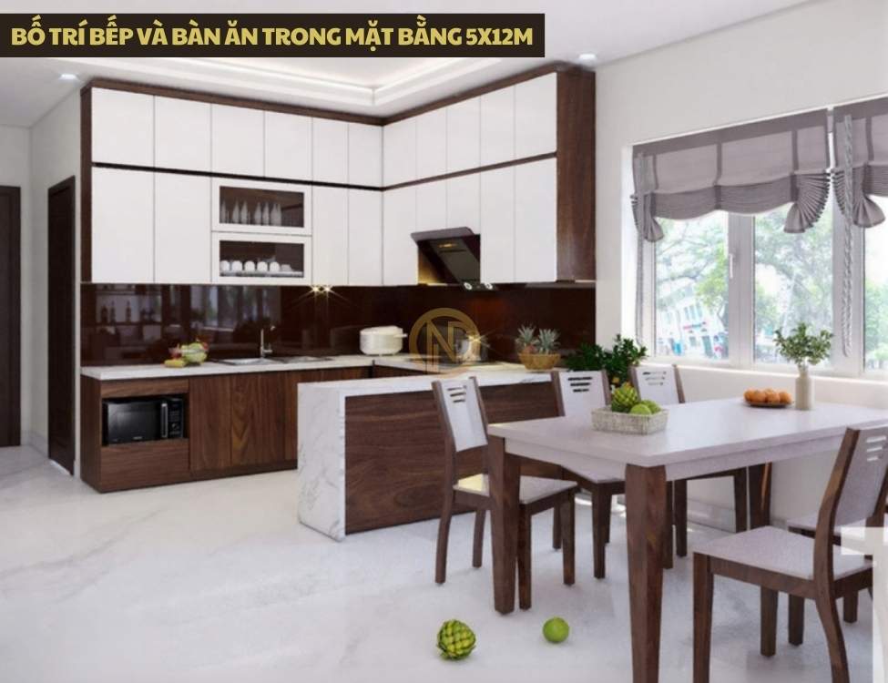 Bố trí bếp và bàn ăn trong mặt bằng 5x12m