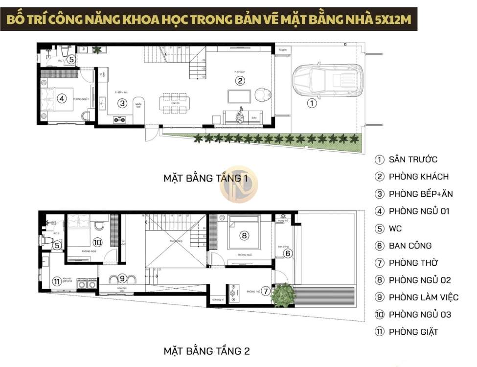 Bố trí công năng khoa học trong bản vẽ mặt bằng nhà 5x12m