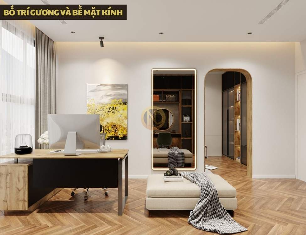 Bố trí gương và bề mặt kính để nhân đôi ánh sáng và chiều sâu không gian