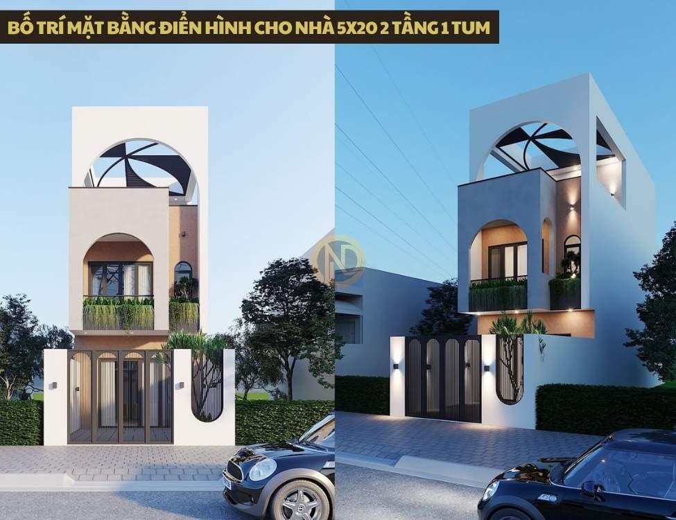 Bố trí mặt bằng điển hình cho nhà 5x20 2 tầng 1 tum
