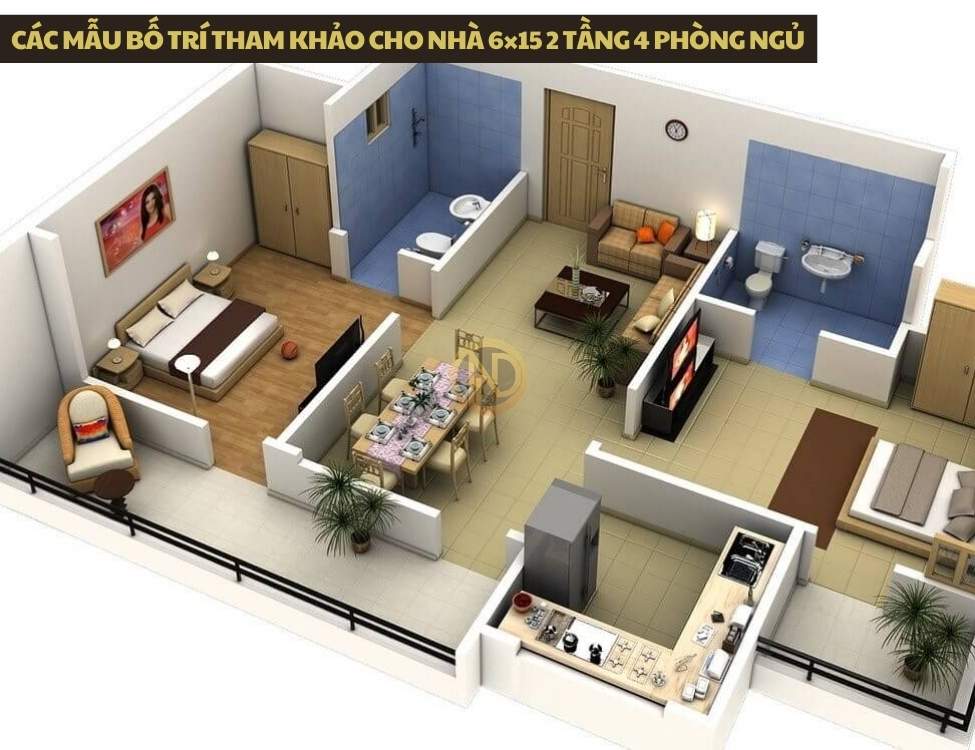 Các mẫu bố trí tham khảo cho nhà 6×15 2 tầng 4 phòng ngủ