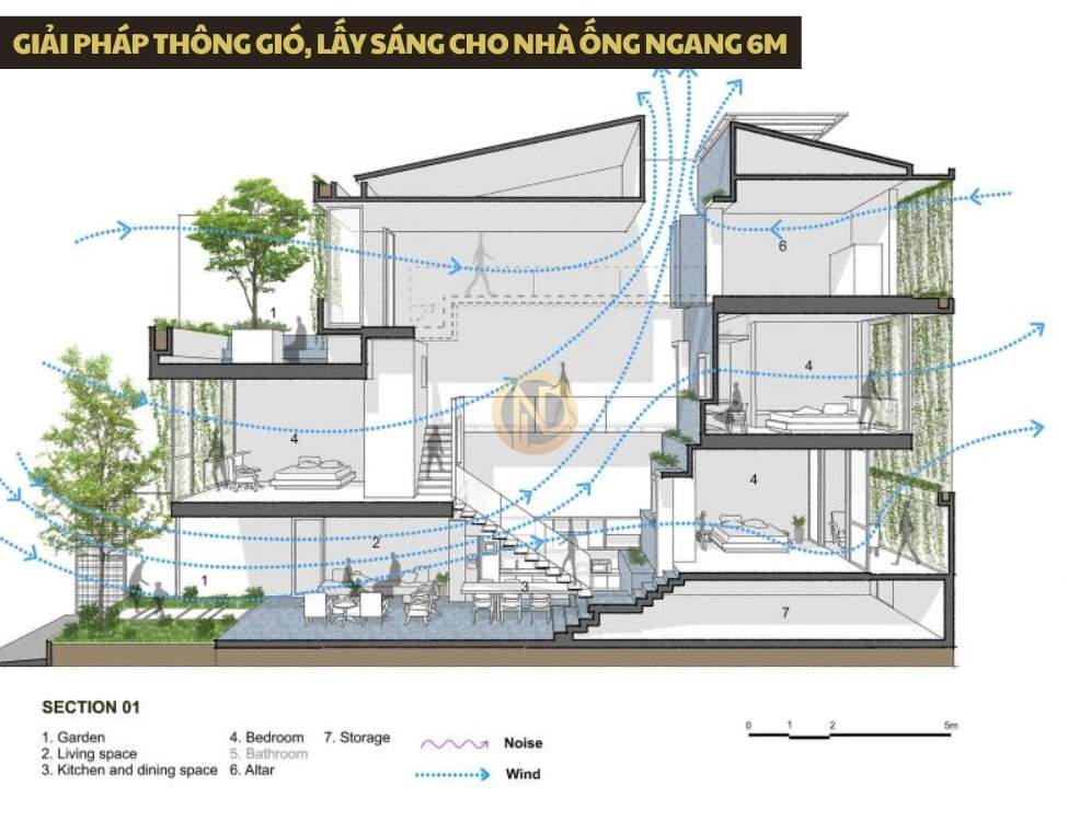 Giải pháp thông gió, lấy sáng cho nhà ống ngang 6m