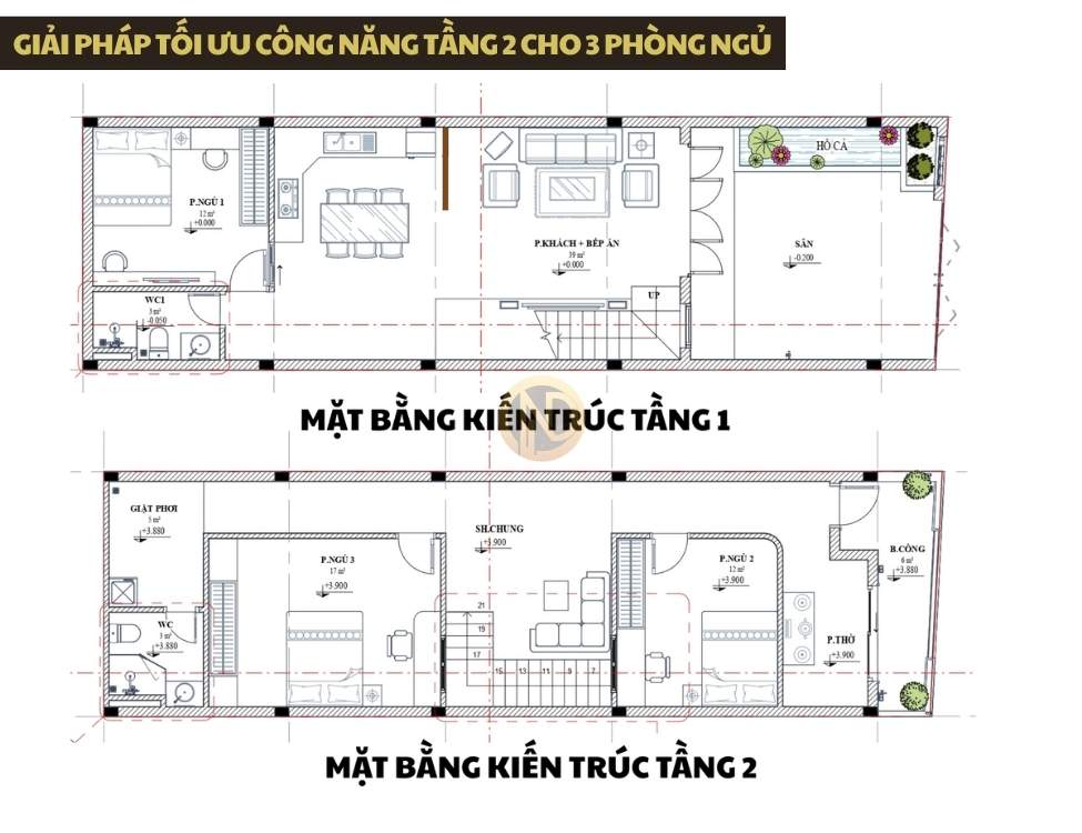 Giải pháp tối ưu công năng tầng 2 cho 3 phòng ngủ