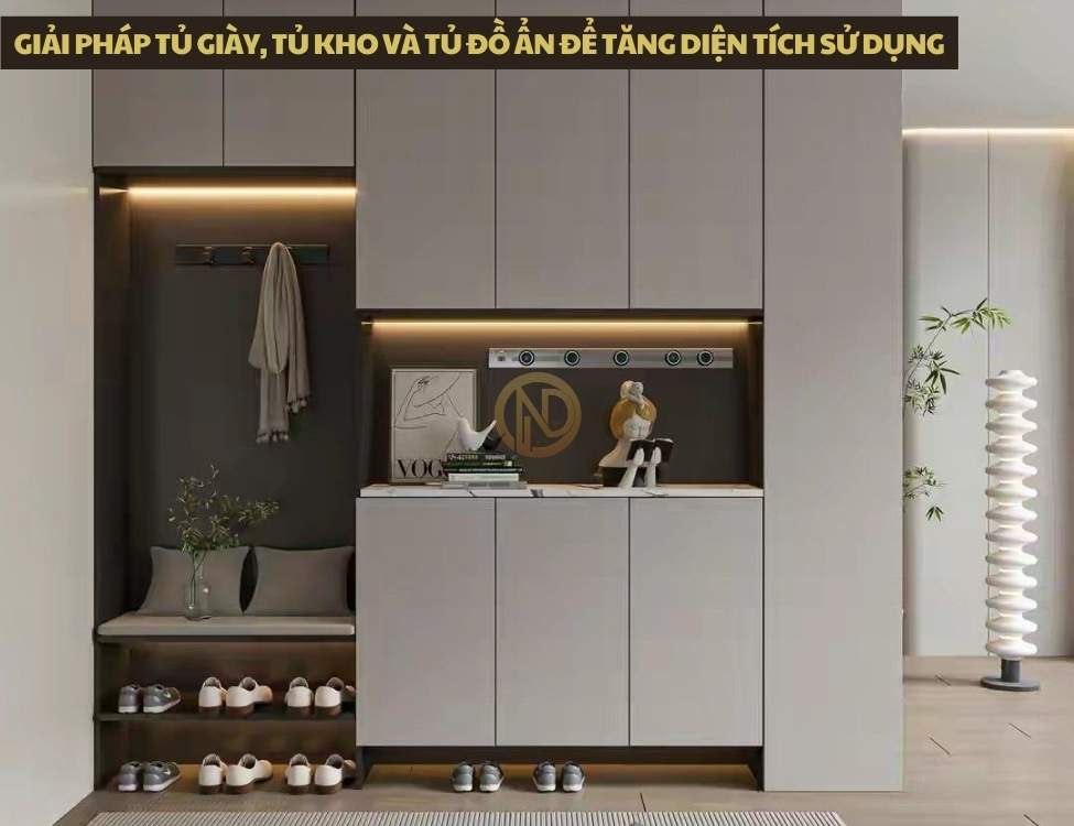 Giải pháp tủ giày, tủ kho và tủ đồ ẩn để tăng diện tích sử dụng