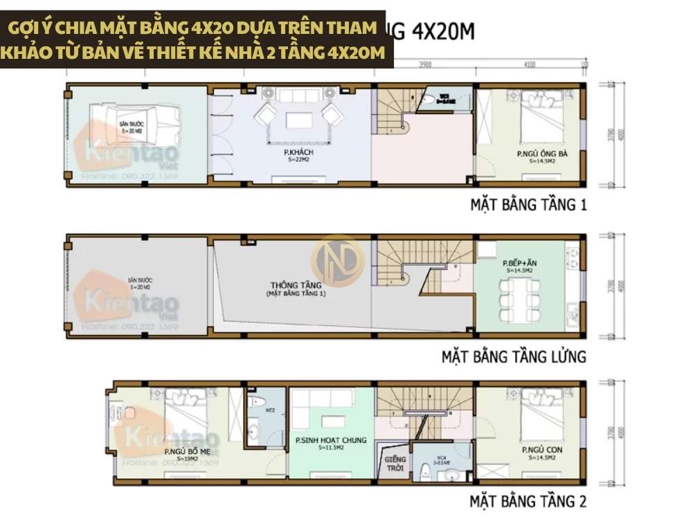 Gợi ý chia mặt bằng 4x20 dựa trên tham khảo từ bản vẽ thiết kế nhà 2 tầng 4x20m