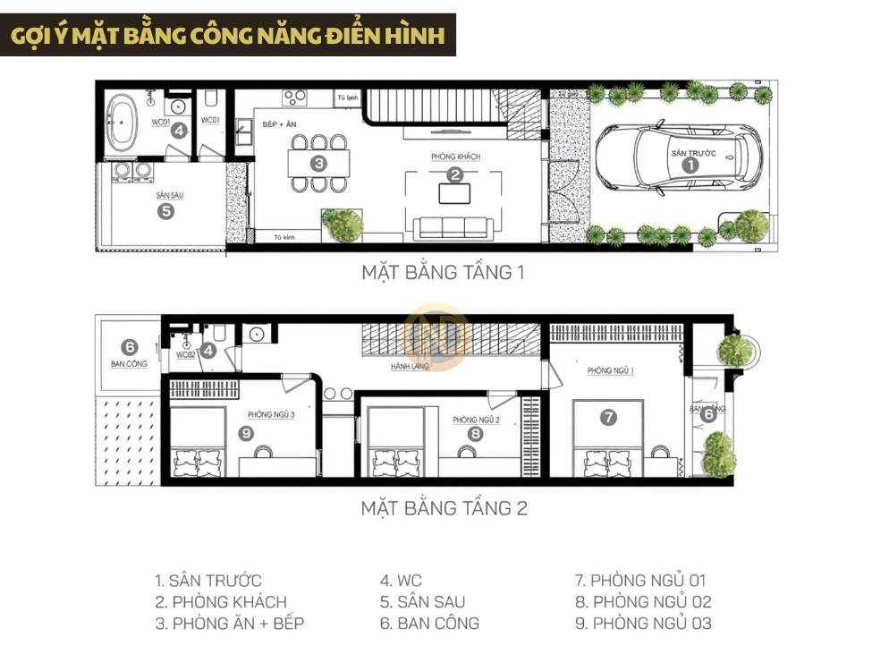 Gợi ý mặt bằng công năng điển hình cho nhà 2 tầng 5x20 4 phòng ngủ