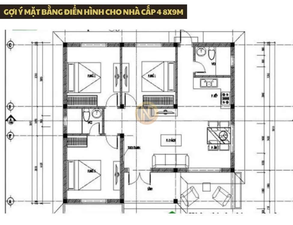 Gợi ý mặt bằng điển hình cho nhà cấp 4 8x9m