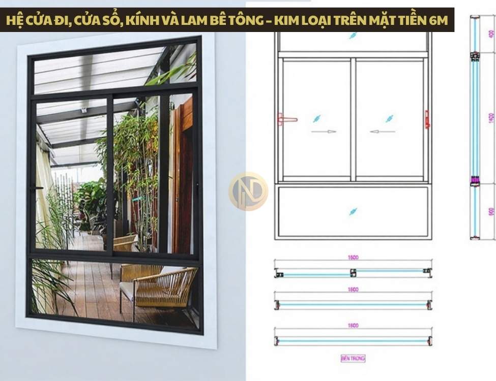 Hệ cửa đi, cửa sổ, kính và lam bê tông – kim loại trên mặt tiền 6m