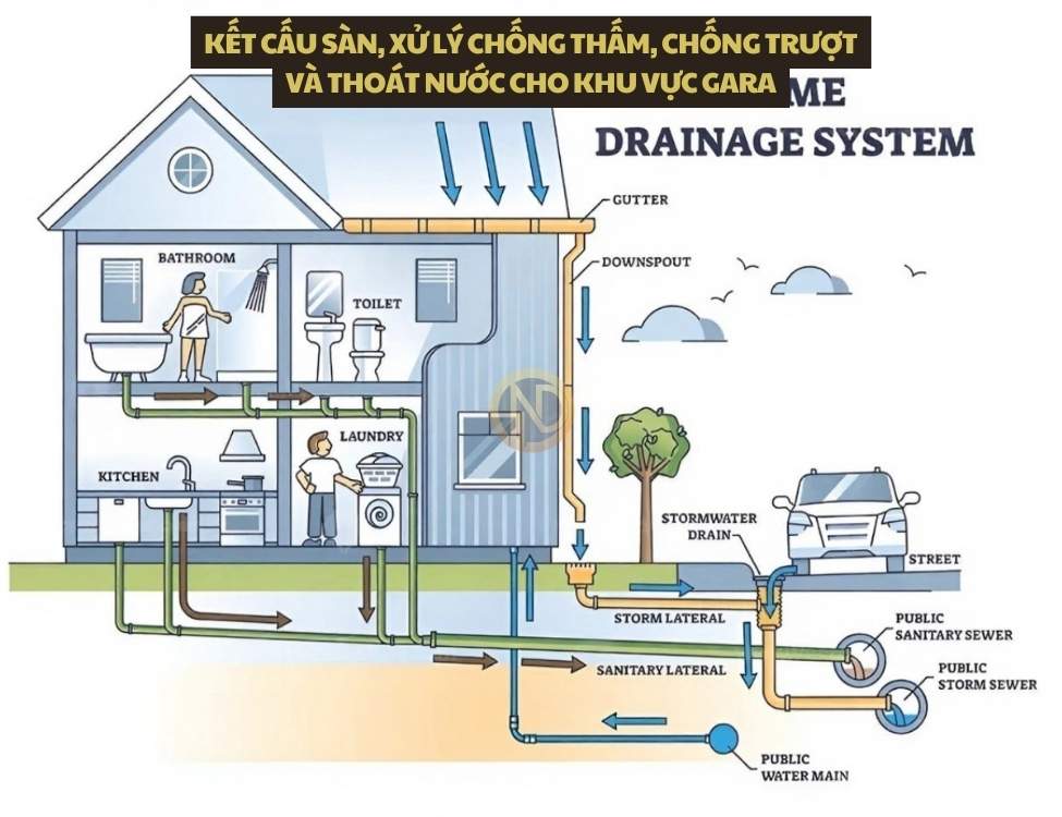 Kết cấu sàn, xử lý chống thấm, chống trượt và thoát nước cho khu vực gara