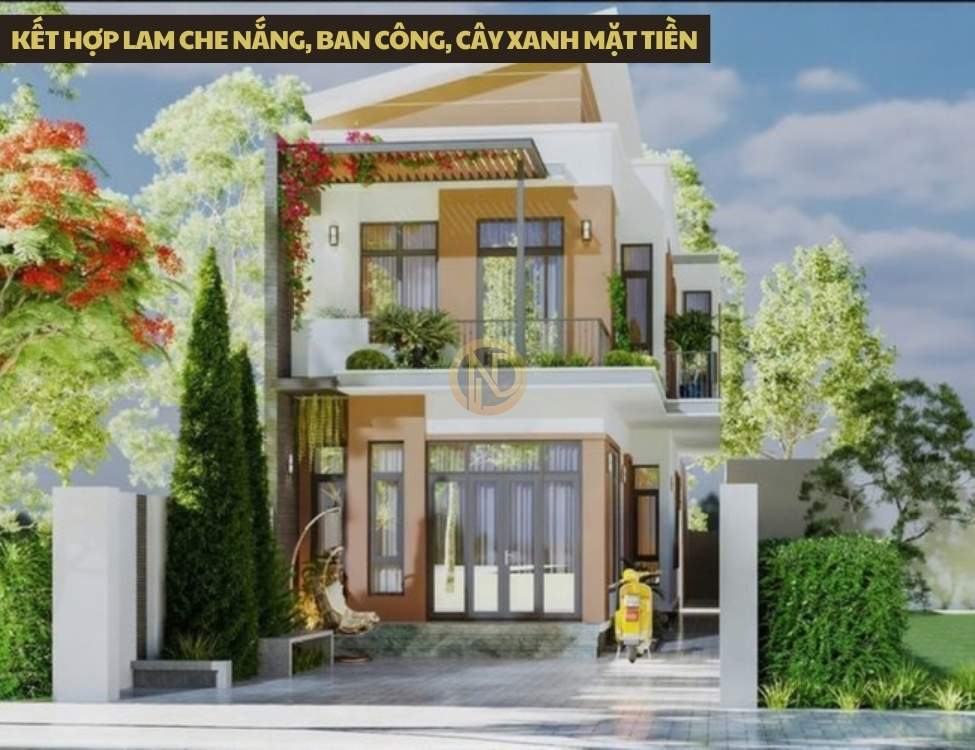 Kết hợp lam che nắng, ban công, cây xanh mặt tiền để giảm bức xạ nhiệt và tăng riêng tư
