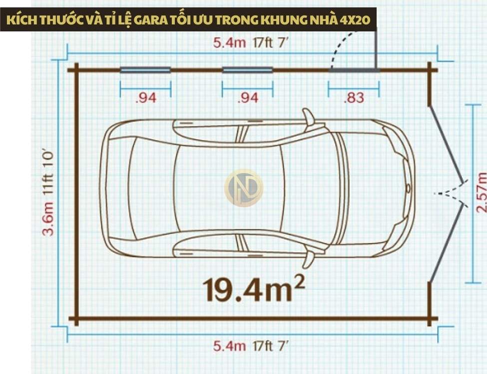 Kích thước và tỉ lệ gara tối ưu trong khung nhà 4x20