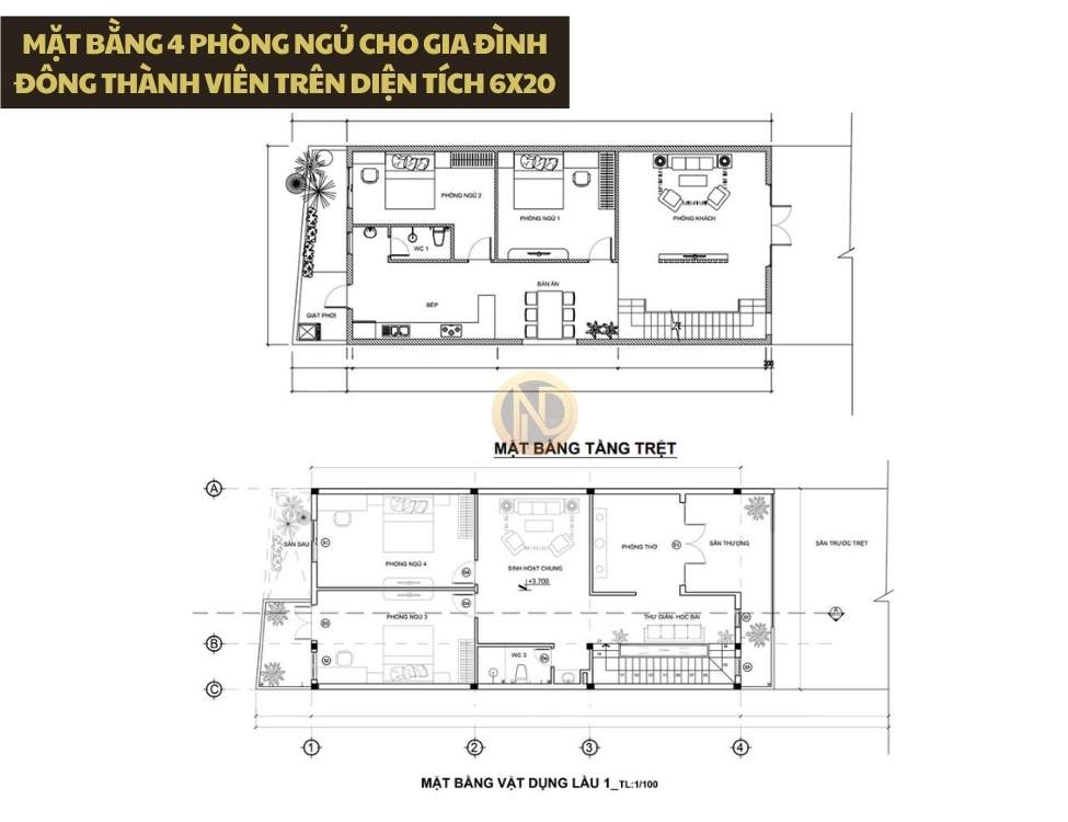 Mặt bằng 4 phòng ngủ cho gia đình đông thành viên trên diện tích 6x20