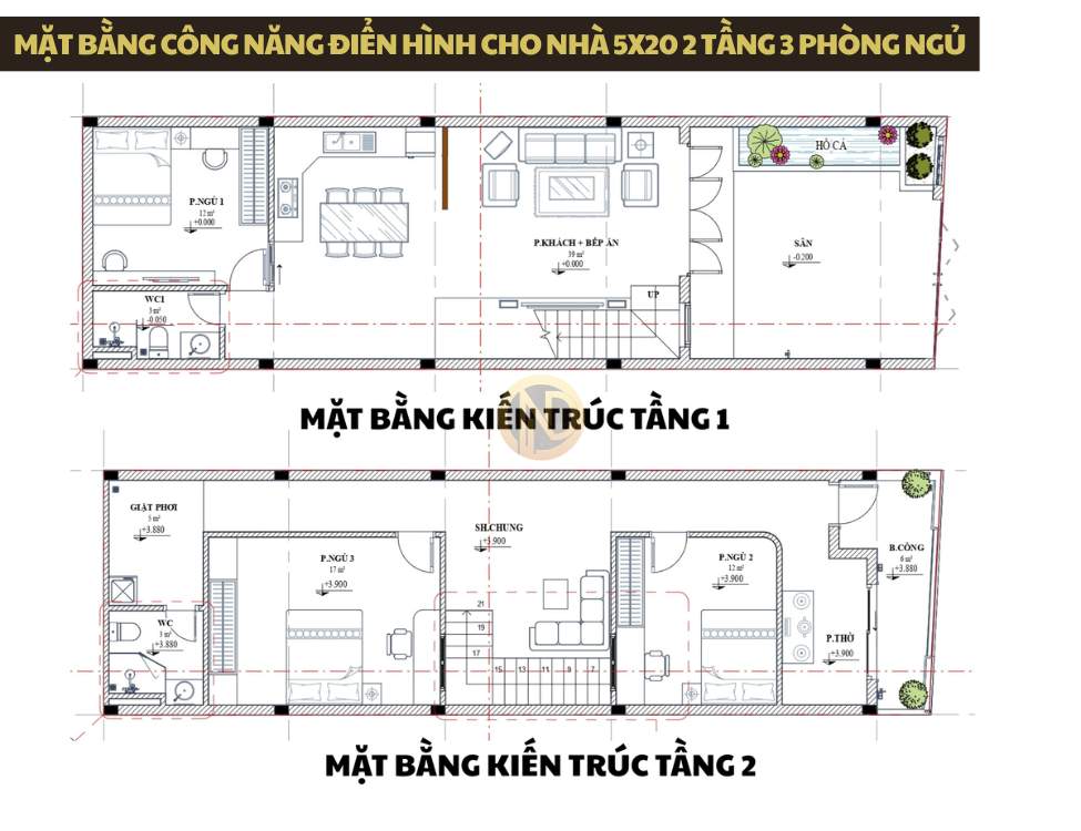 Mặt bằng công năng điển hình cho nhà 5x20 2 tầng 3 phòng ngủ