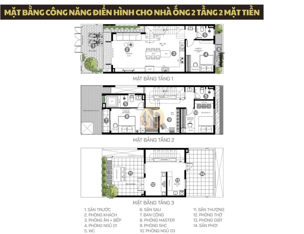 Mặt bằng công năng điển hình cho nhà ống 2 tầng 2 mặt tiền