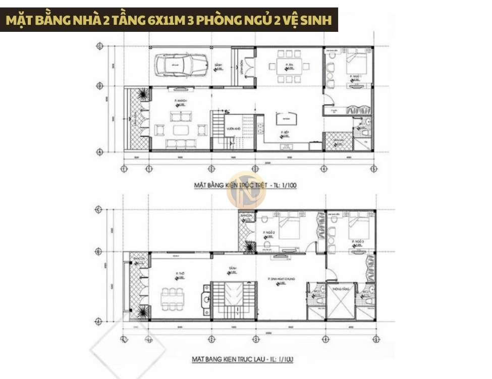 Mặt bằng nhà 2 tầng 6x11m 3 phòng ngủ 2 vệ sinh cho gia đình 3–4 người