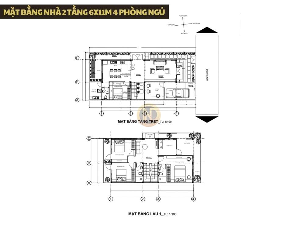 Mặt bằng nhà 2 tầng 6x11m 4 phòng ngủ cho gia đình đông thành viên hoặc có ông bà ở cùng