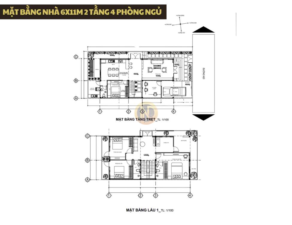 Mặt bằng nhà 6x11m 2 tầng 4 phòng ngủ cho gia đình nhiều thế hệ