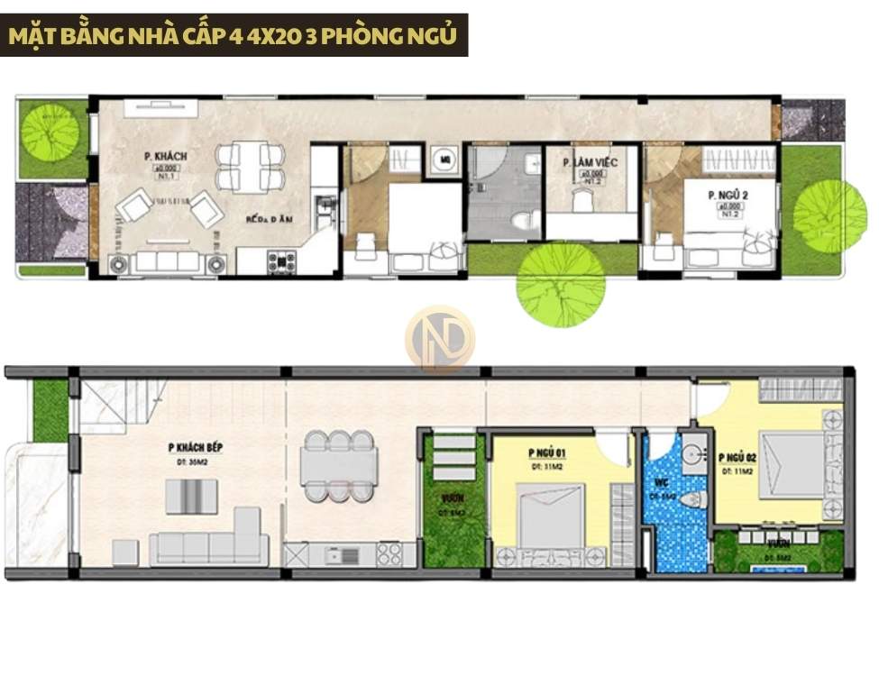 Mặt bằng nhà cấp 4 4x20 3 phòng ngủ: phòng khách phía trước, bếp giữa nhà, cụm phòng ngủ lùi về sau