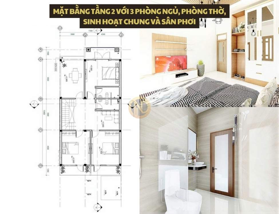 Mặt bằng tầng 2 với 3 phòng ngủ