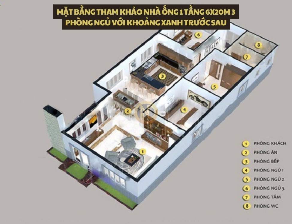 Mặt bằng tham khảo nhà ống 1 tầng 6x20m 3 phòng ngủ với khoảng xanh trước sau