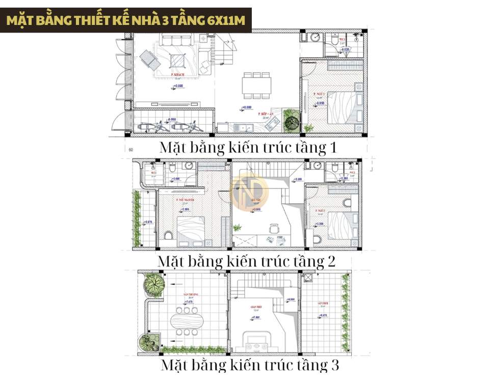 Mặt bằng thiết kế nhà 3 tầng 6x11m
