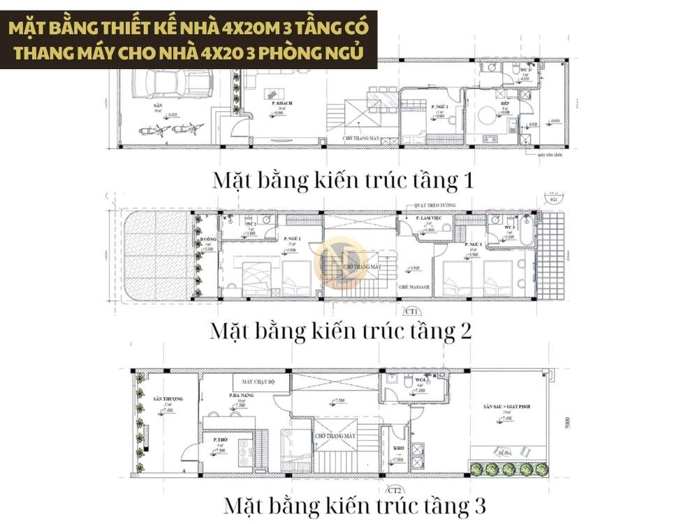 Mặt bằng thiết kế nhà 4x20m 3 tầng có thang máy cho nhà 4x20 3 phòng ngủ