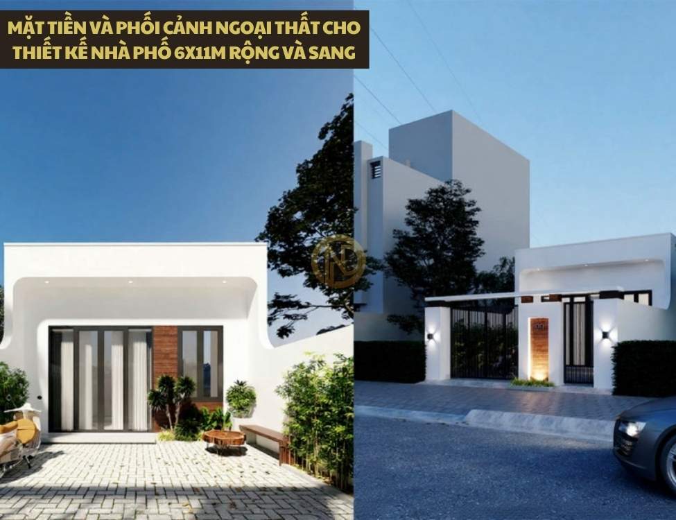 Mặt tiền và phối cảnh ngoại thất cho thiết kế nhà phố 6x11m rộng và sang