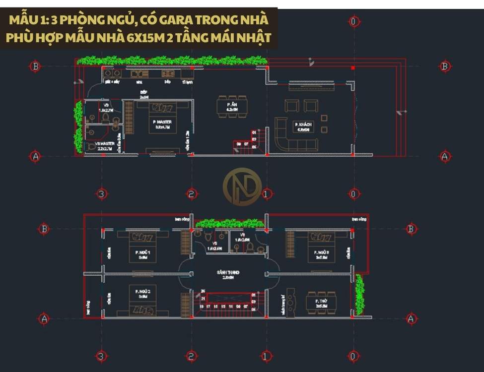 Mẫu 1: 3 phòng ngủ, có gara trong nhà phù hợp mẫu nhà 6x15m 2 tầng mái nhật