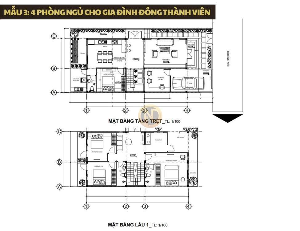 Mẫu 3: 4 phòng ngủ cho gia đình đông thành viên – tham khảo bản vẽ cad nhà 2 tầng 6x10m