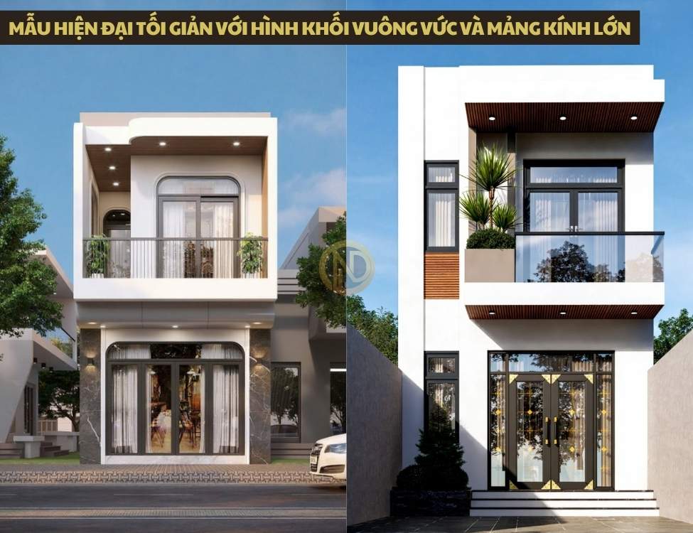 Mẫu hiện đại tối giản với hình khối vuông vức và mảng kính lớn