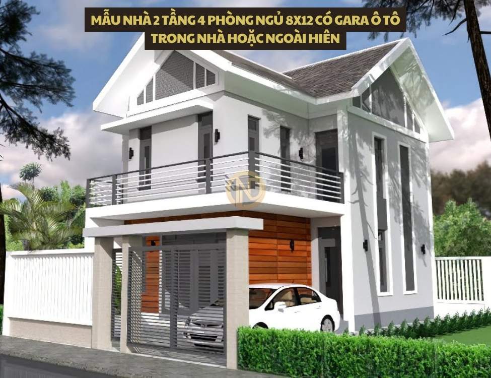 Mẫu nhà 2 tầng 4 phòng ngủ 8x12 có gara ô tô trong nhà hoặc ngoài hiên