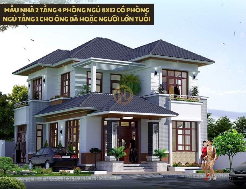 Mẫu nhà 2 tầng 4 phòng ngủ 8x12 có phòng ngủ tầng 1 cho ông bà hoặc người lớn tuổi