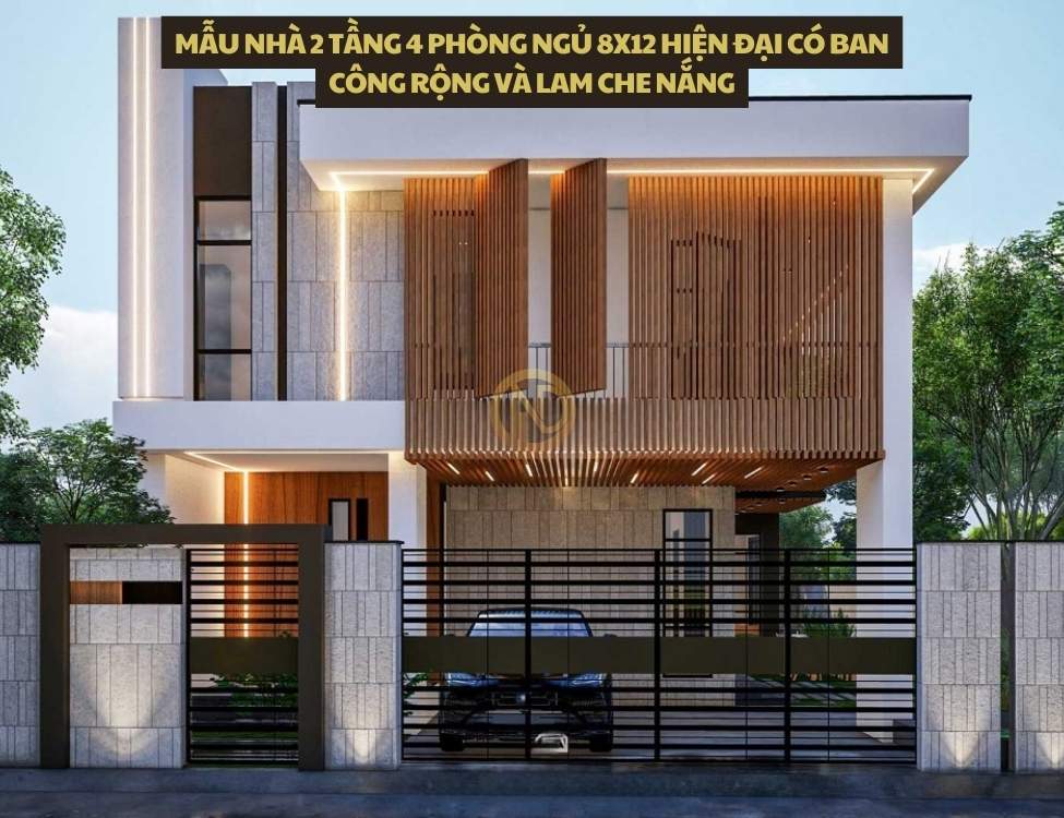 Mẫu nhà 2 tầng 4 phòng ngủ 8x12 hiện đại có ban công rộng và lam che nắng