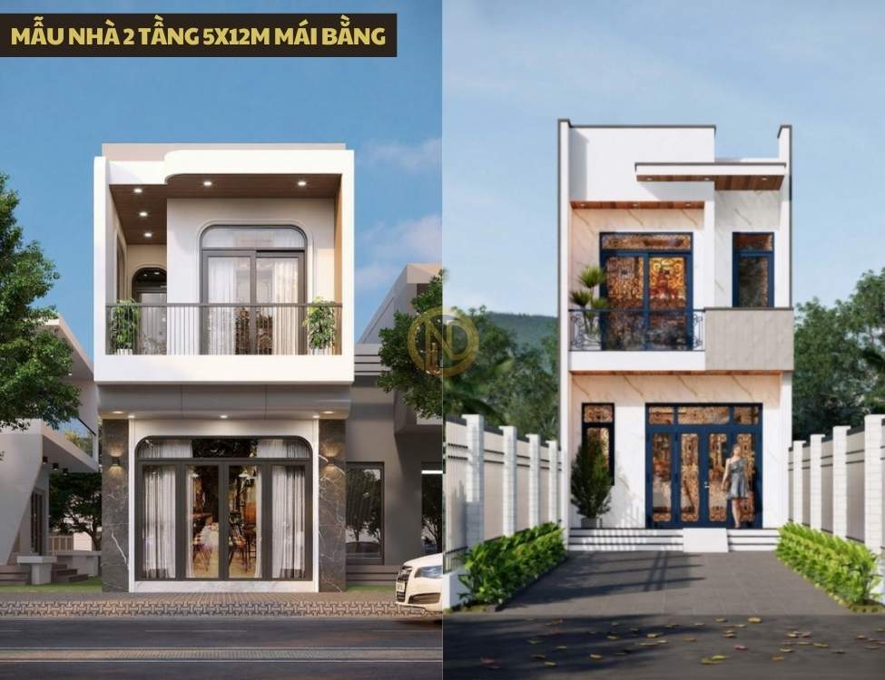 Mẫu nhà 2 tầng 5x12m mái bằng: hình khối vuông vức, dễ bố trí sân thượng và năng lượng mặt trời
