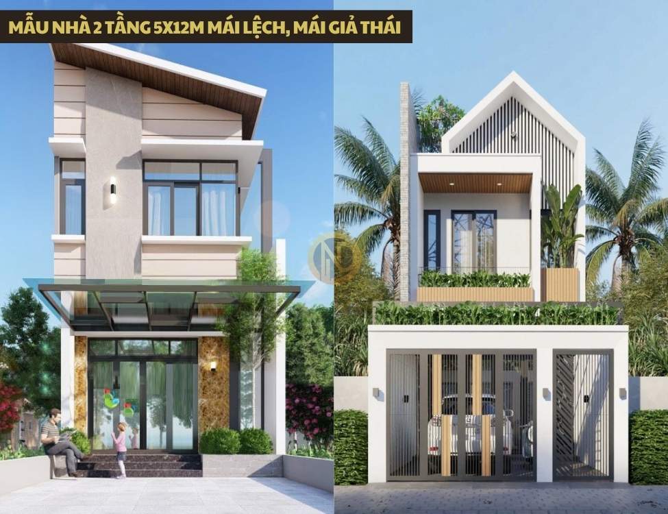 Mẫu nhà 2 tầng 5x12m mái lệch, mái giả thái tạo điểm nhấn mặt tiền nhưng vẫn gọn chi phí