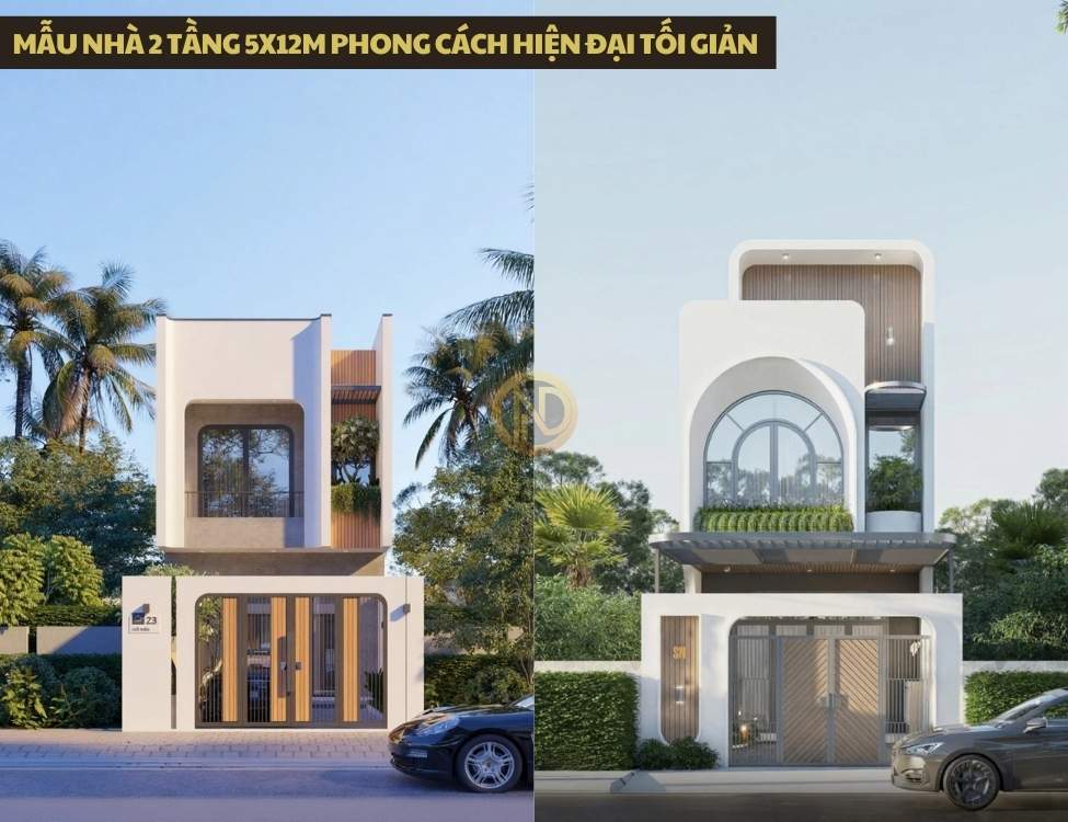 Mẫu nhà 2 tầng 5x12m phong cách hiện đại tối giản với hình khối phẳng, cửa kính lớn