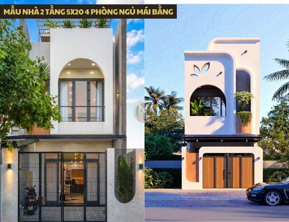 Mẫu nhà 2 tầng 5x20 4 phòng ngủ mái bằng hiện đại, tối giản, dễ thi công