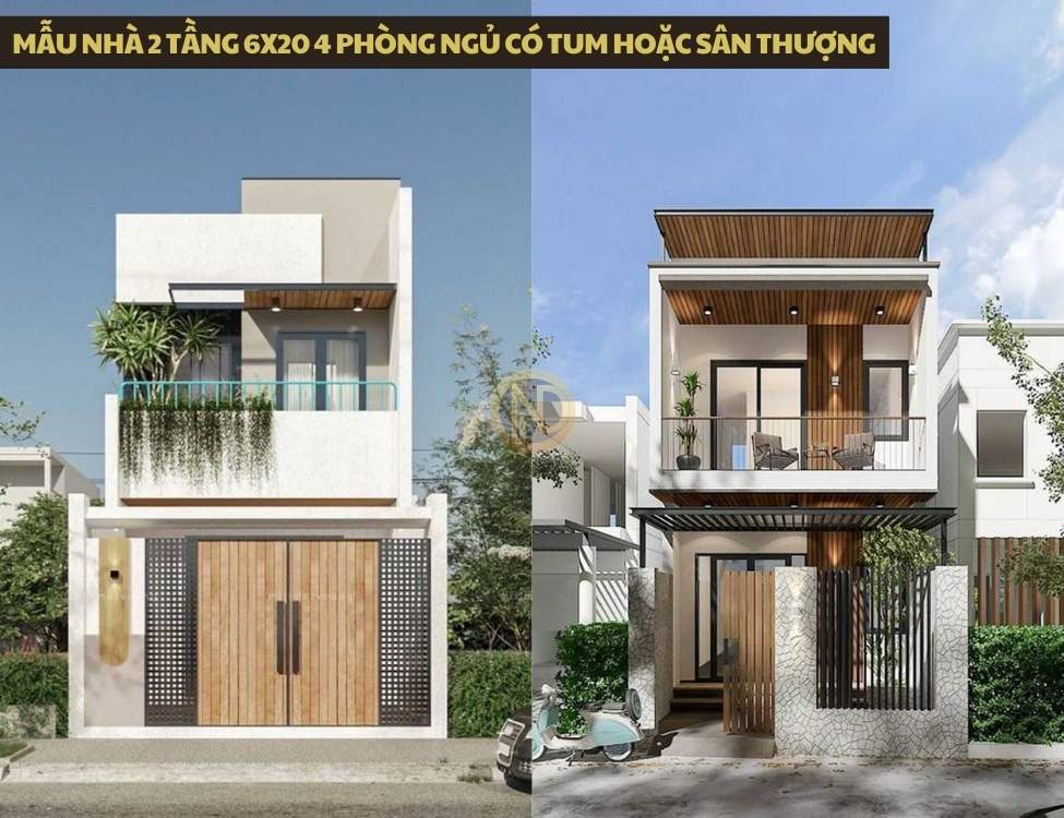 Mẫu nhà 2 tầng 6x20 4 phòng ngủ có tum hoặc sân thượng