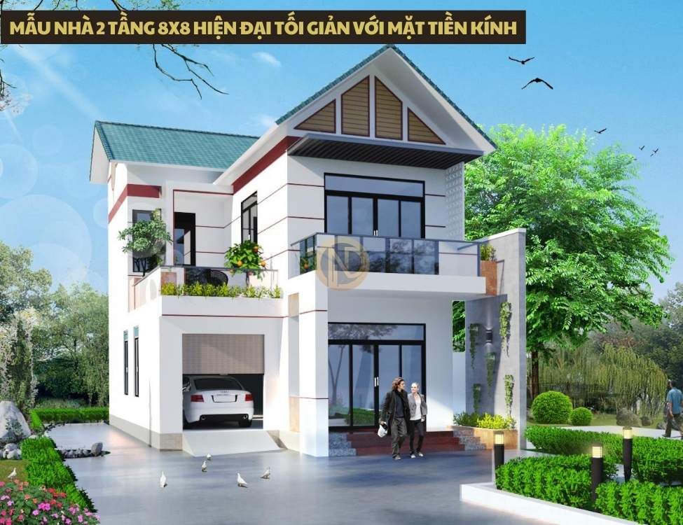 Mẫu nhà 2 tầng 8x8 hiện đại tối giản với mặt tiền kính
