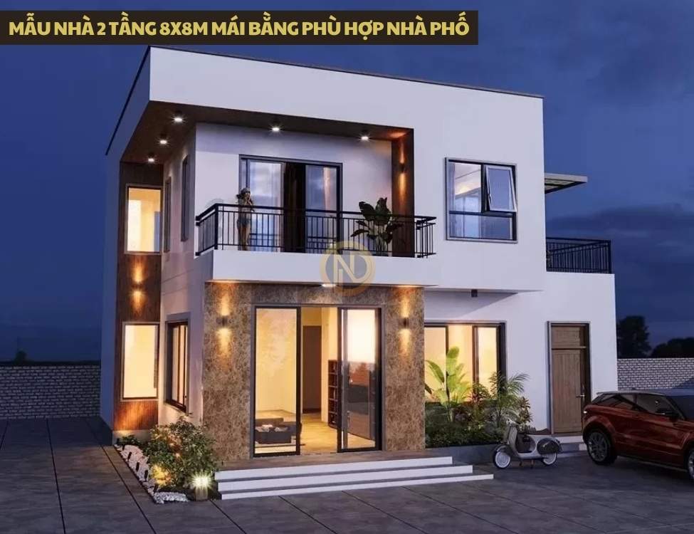 Mẫu nhà 2 tầng 8x8m mái bằng phù hợp nhà phố 