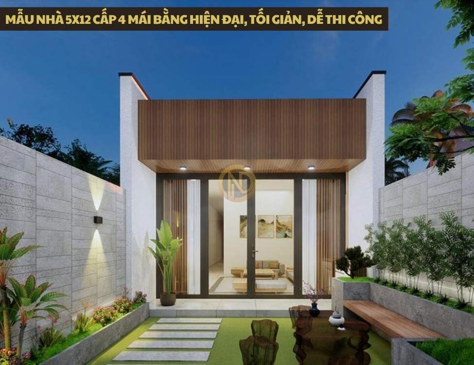 Mẫu nhà 5x12m 1 tầng mái bằng hiện đại, tối giản, hình khối vuông vức
