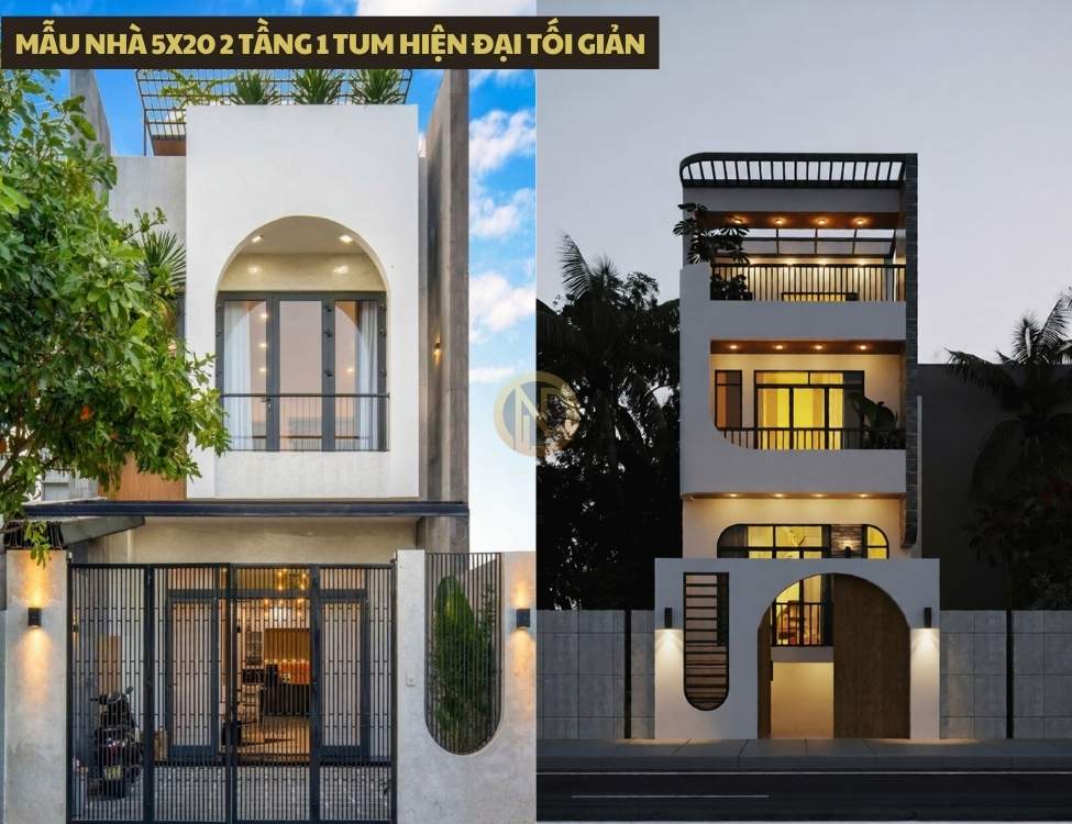 Mẫu nhà 5x20 2 tầng 1 tum hiện đại tối giản với mảng kính lớn, lan can kính