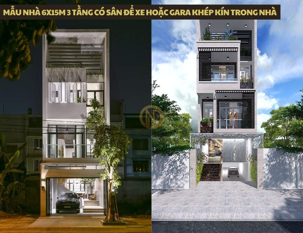Mẫu nhà 6x15m 3 tầng có sân để xe hoặc gara khép kín trong nhà