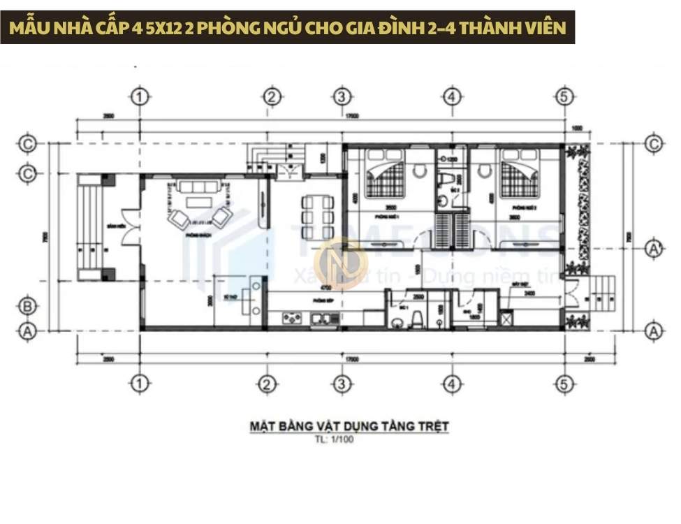 Mẫu nhà cấp 4 5x12 2 phòng ngủ cho gia đình 2–4 thành viên, nâng cấp từ mẫu nhà cấp 4 5x12 1 phòng ngủ