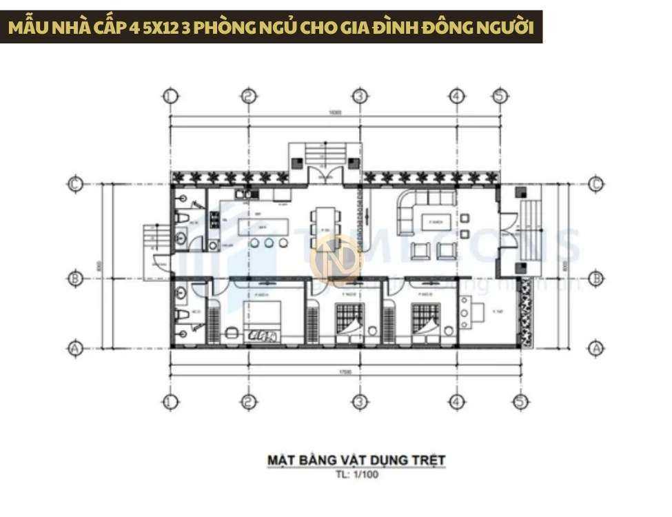 Mẫu nhà cấp 4 5x12 3 phòng ngủ cho gia đình đông người, có con lớn