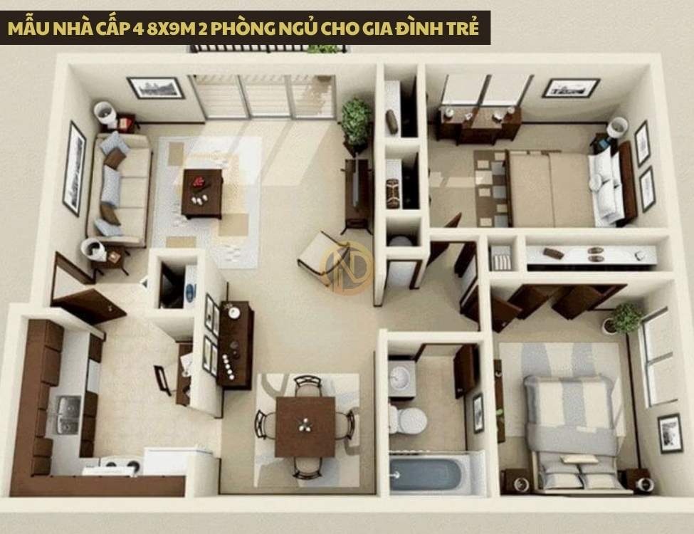 Mẫu nhà cấp 4 8x9m 2 phòng ngủ cho gia đình trẻ 