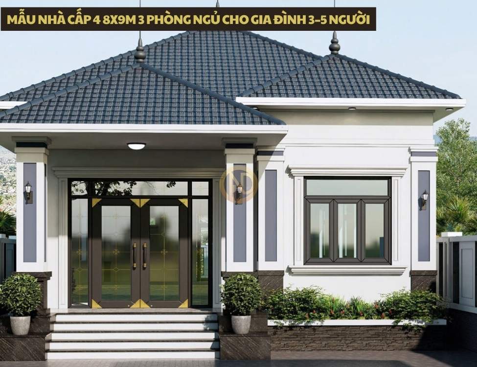 Mẫu nhà cấp 4 8x9m 3 phòng ngủ cho gia đình 3–5 người